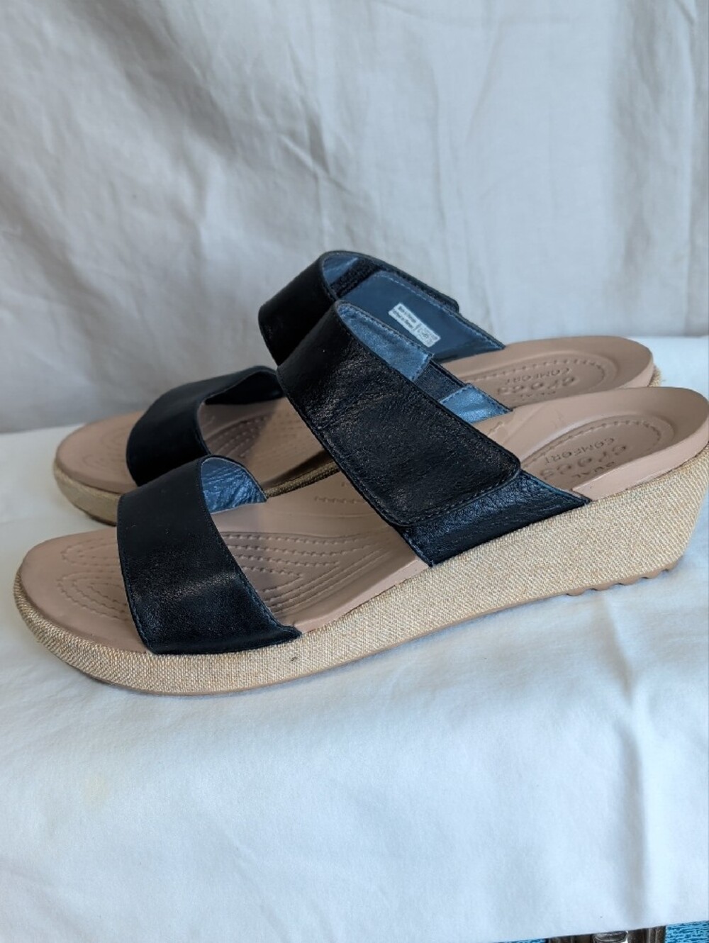 CROCS Black Leather Dual-Strap  Slide Sandals with Tan Wedge Resort Boho Wear - Picture 5 of 8